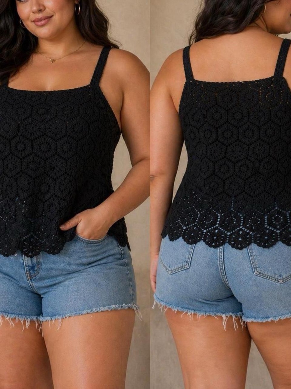 Black Crochet Square-Neck Tank Top by